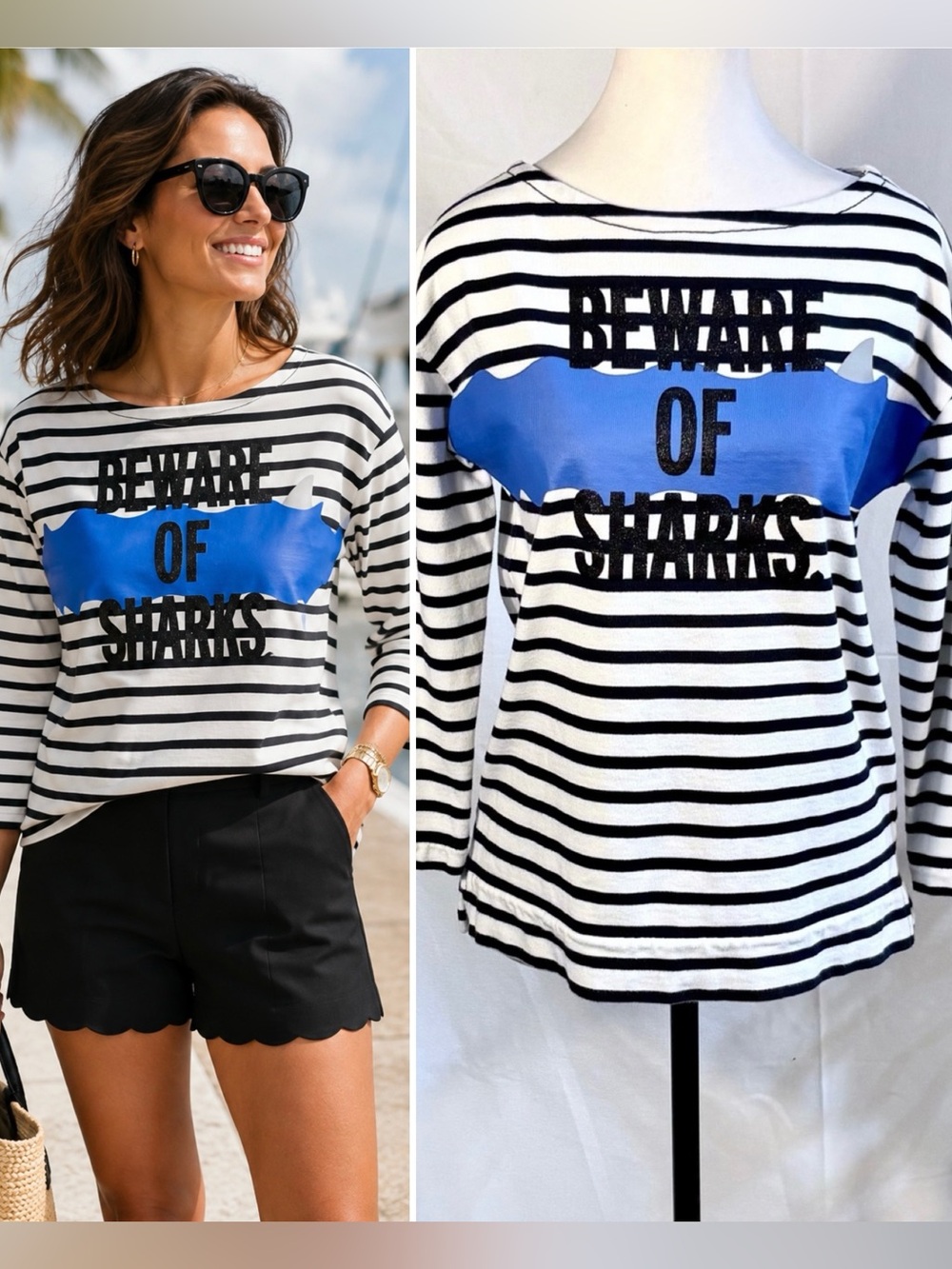💥Kate Spade Beware of Sharks Breton Stripe Sparkle Graphic Cotton Top Sz S🧡